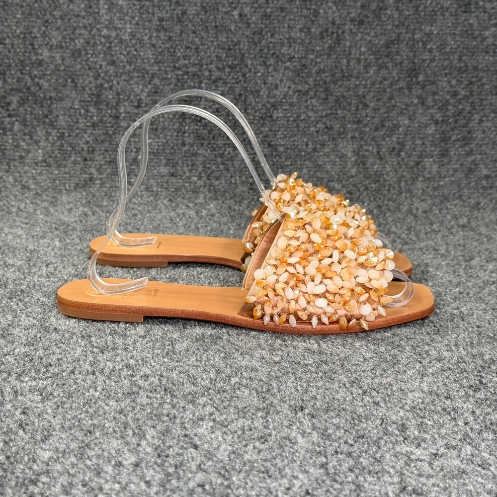 Tory Burch Crystal Embellished Sandals Women 8.5 Caramel Leather Slide Flip Flop